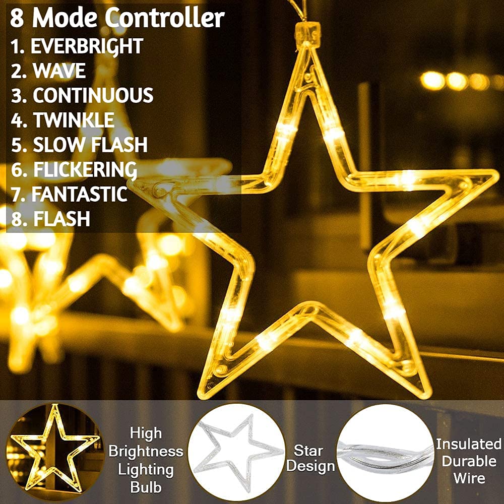 12 STARS CURTAIN LIGHT-Curtain String Lights, 2.5m 12 Stars 138 LED Window Curtain Lights Star Lights with 8 Flashing Modes Diwali Decoration String Lights for Christmas Wedding Party Home Garden, Warm White askddeal.com