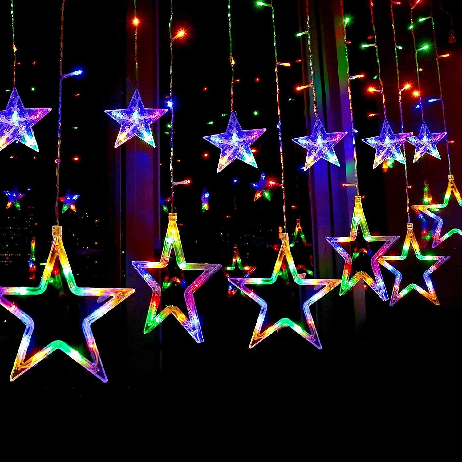 12 STARS CURTAIN LIGHT-Curtain String Lights, 2.5m 12 Stars 138 LED Window Curtain Lights Star Lights with 8 Flashing Modes Diwali Decoration String Lights for Christmas Wedding Party Home Garden, Warm White askddeal.com