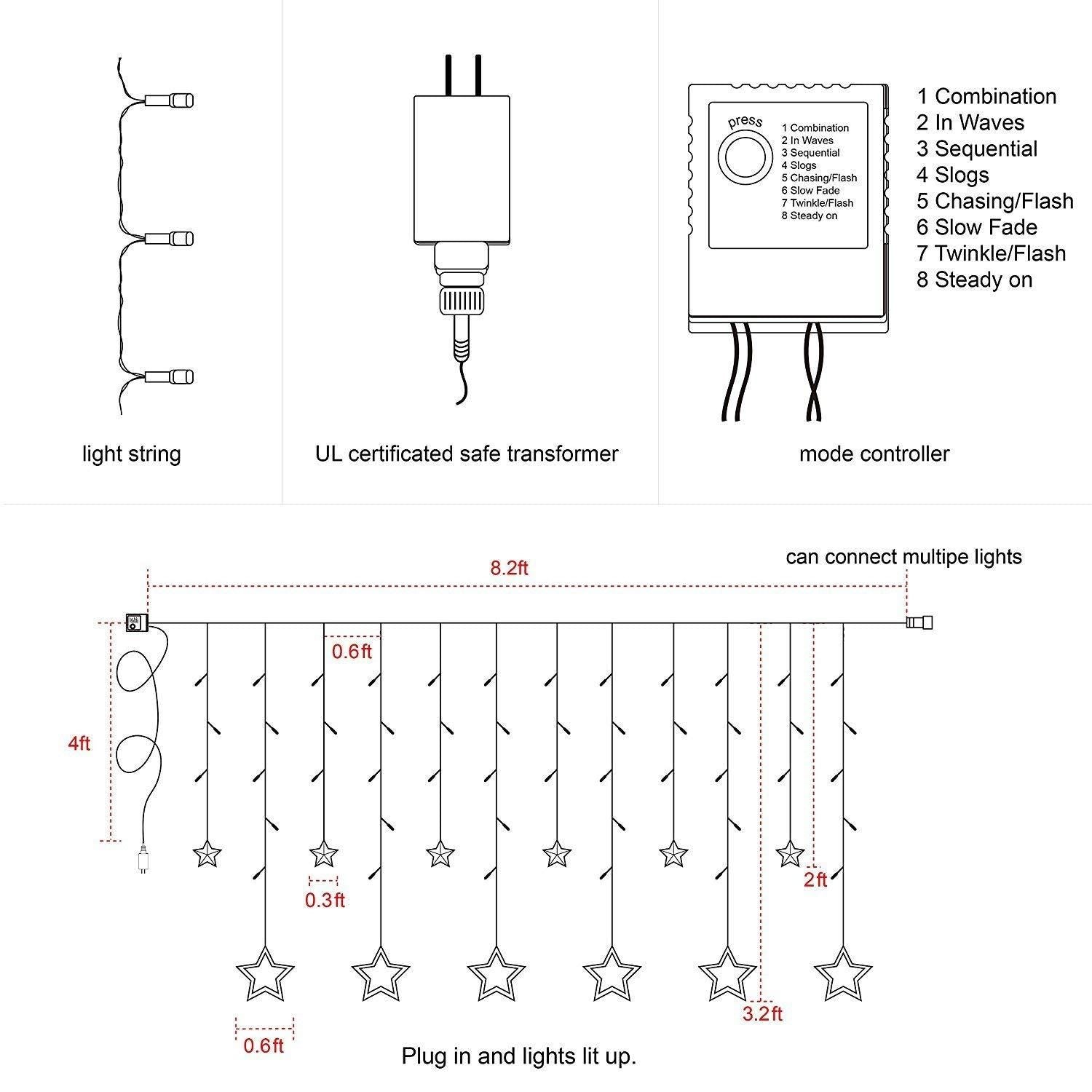 12 STARS CURTAIN LIGHT-Curtain String Lights, 2.5m 12 Stars 138 LED Window Curtain Lights Star Lights with 8 Flashing Modes Diwali Decoration String Lights for Christmas Wedding Party Home Garden, Warm White askddeal.com